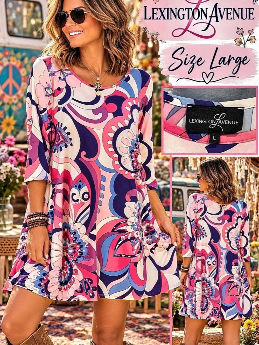 Lexington Avenue Abstract Print Mini Dress Pink & Blue Size Large Like New